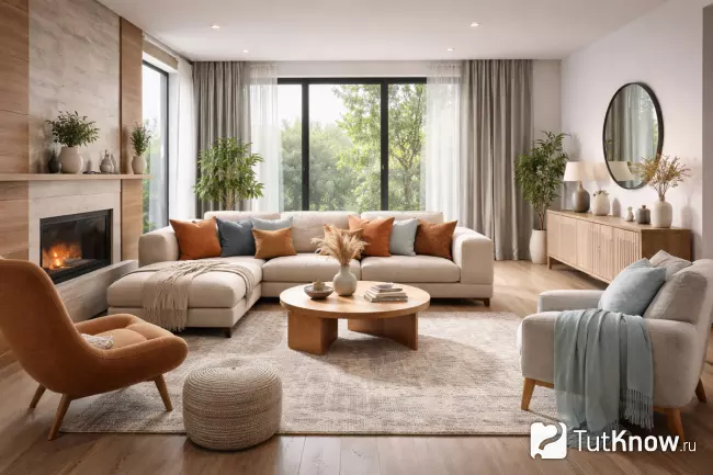 Тёплая и холодная гамма гостиной дома