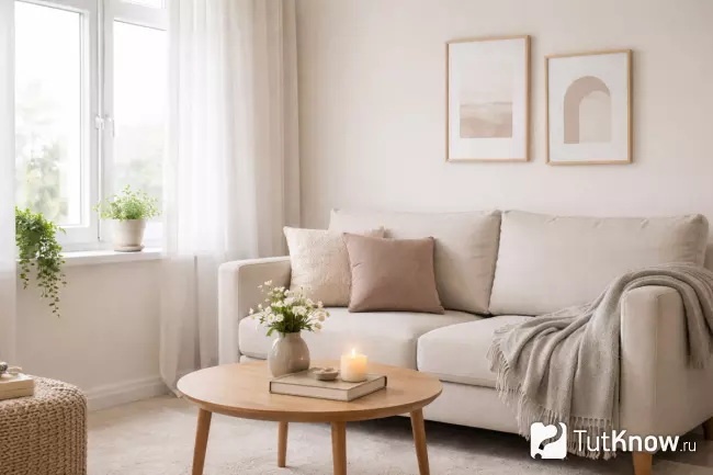 Уютный текстиль и минималистичный декор в маленькой гостиной