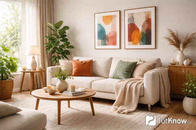 Уютная гостиная с декором, текстилем и растениями