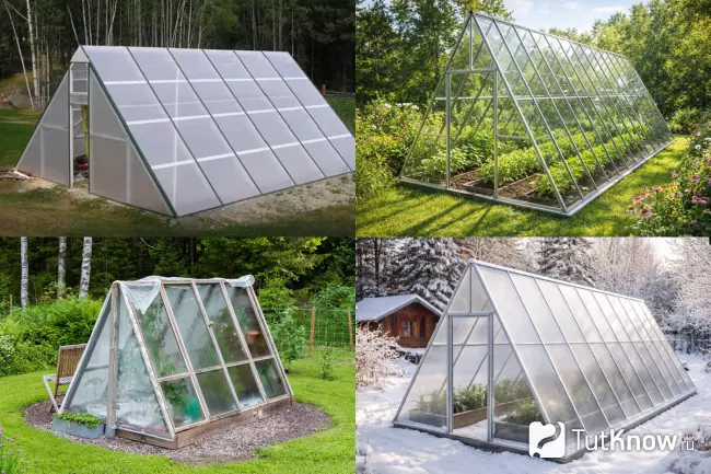 А-образная теплица летом и зимой
