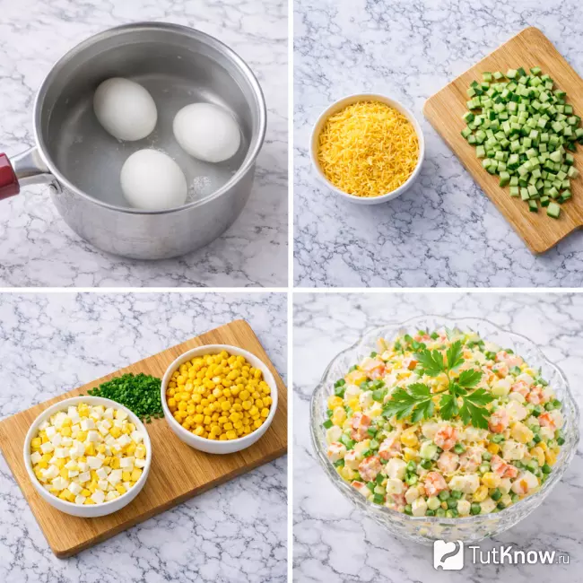 Пошаговое приготовление крабового салата с сыром