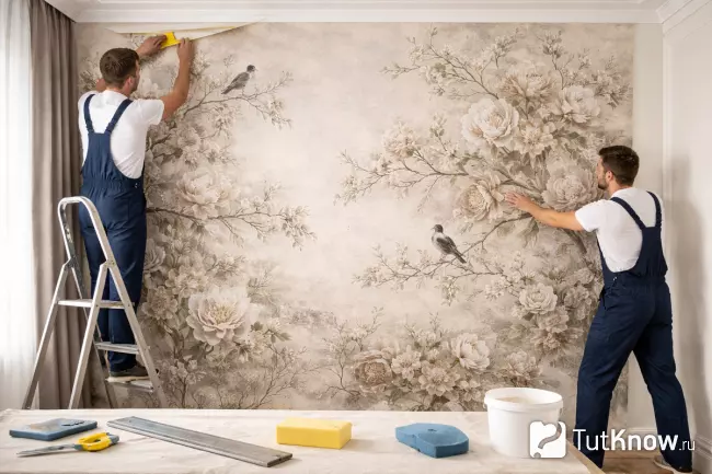 Процесс оклейки стены бесшовными обоями большим полотном
