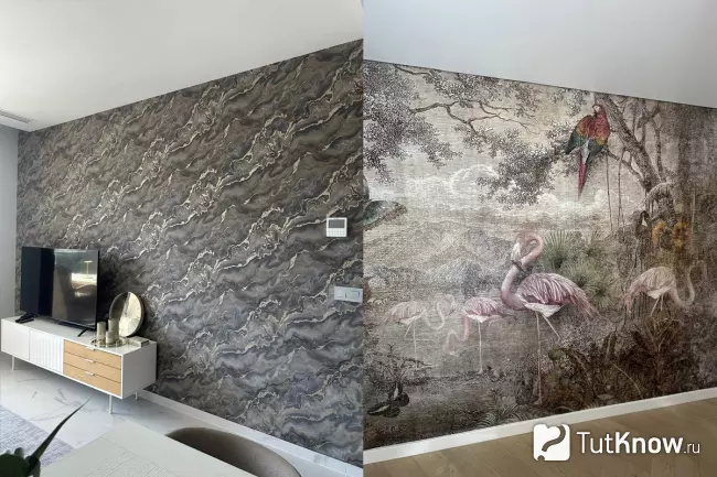 Бесшовные фотообои с фламинго и мраморным узором в гостиной