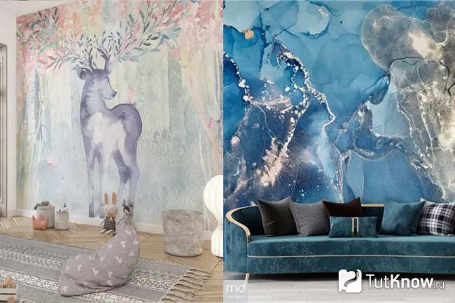 Бесшовные обои с оленем в детской и абстрактные обои в гостиной