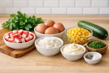Ингредиенты для салата с крабовыми палочками и яйцом