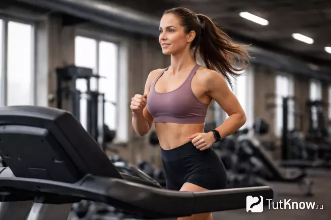 Девушка бежит на беговой дорожке в спортивном зале для сжигания жира