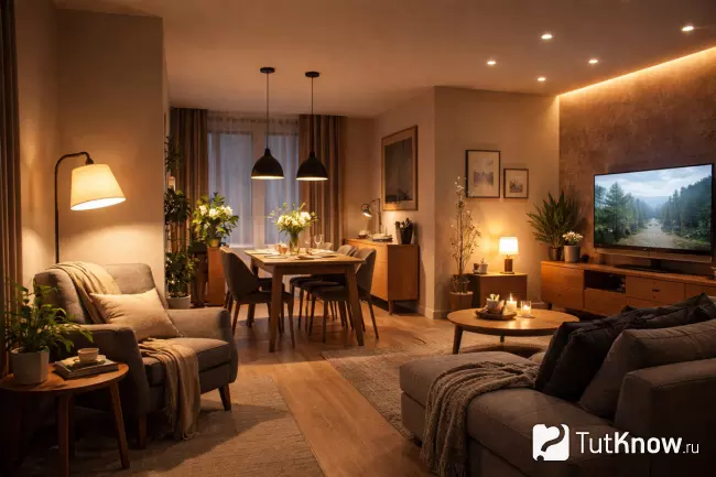 Многоуровневое освещение в гостиной с зонированием