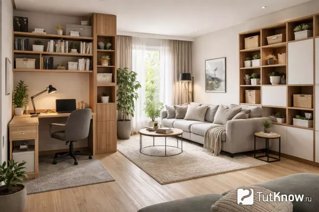 Зонирование гостиной с рабочей зоной и хранением