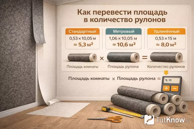 Инфографика перевода площади в количество рулонов