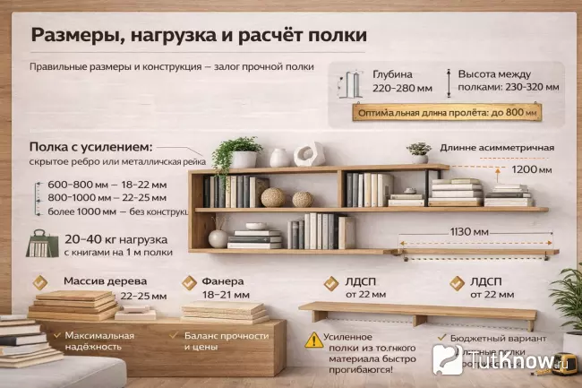 Инфографика расчёта размеров и нагрузки книжной полки