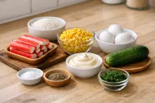 Ингредиенты для салата с крабовыми палочками и рисом