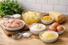 Ингредиенты для салата с ананасом, сыром, яйцами и курицей