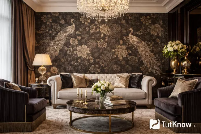 Роскошный интерьер с тёмными бесшовными обоями