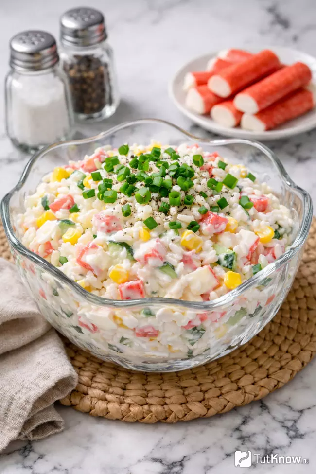 Простой крабовый салат с рисом и яйцом