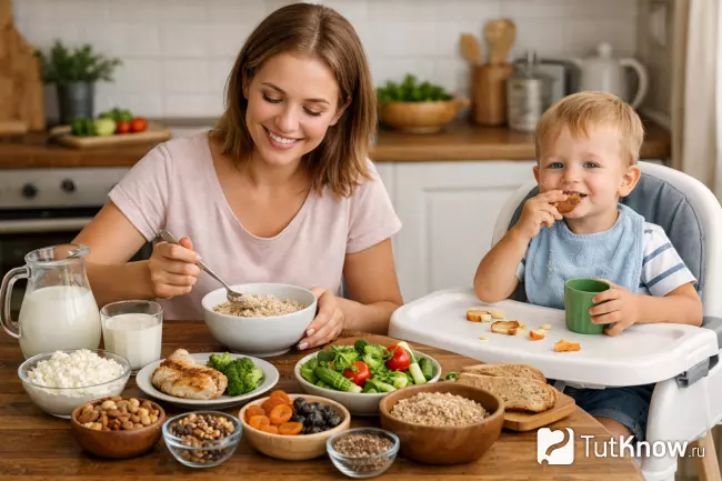 Мама и ребёнок за столом с полезными продуктами для лактации