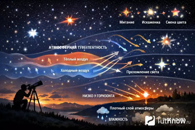 Мерцание звезд из-за атмосферной турбулентности Земли