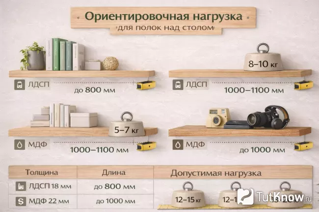Нагрузка настенных полок над рабочим столом