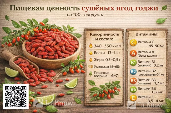 Пищевая ценность сушёных ягод годжи инфографика витаминов калорийности