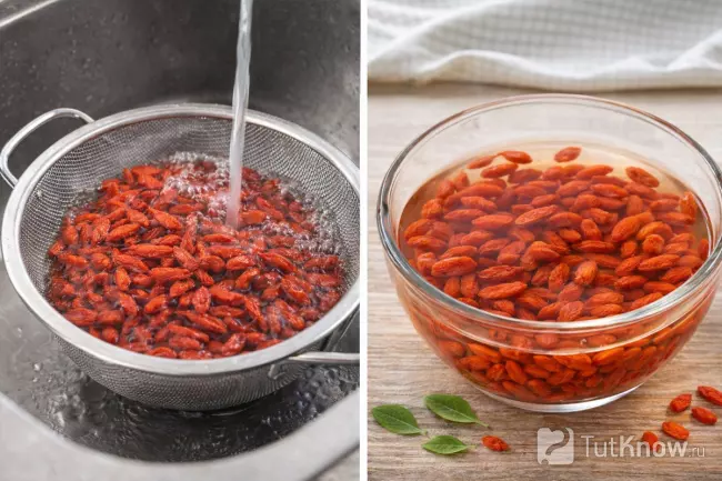 Подготовка сушёных ягод годжи промывание и замачивание