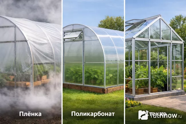 Покрытие теплицы - пленка, поликарбонат и стекло