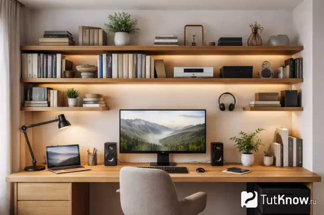 Полки над рабочим столом с книгами и техникой в уютном интерьере