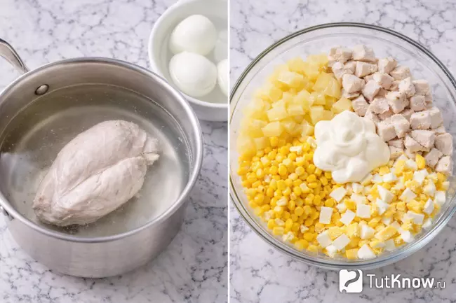 Пошаговое приготовление салата с ананасом, сыром и курицей