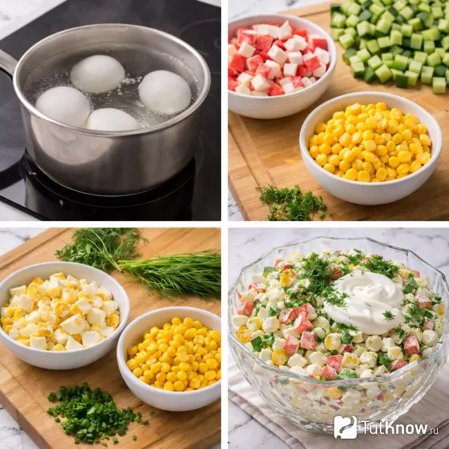 Пошаговое приготовление крабового салата с яйцом и огурцом