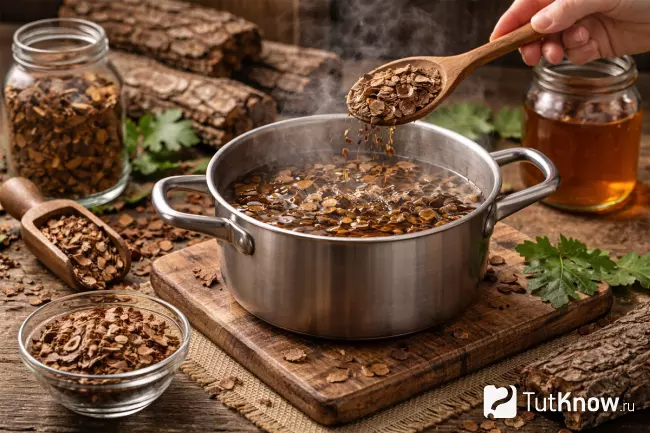 Процесс приготовления отвара из коры дуба для домашних процедур