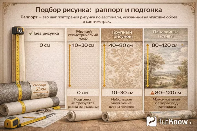 Подбор рисунка и раппорт обоев при подгонке полотен