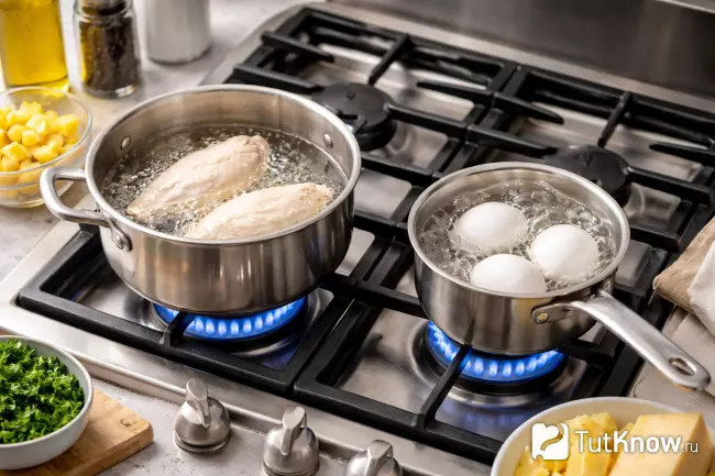 Шаг 1 - варка курицы и яиц на плите