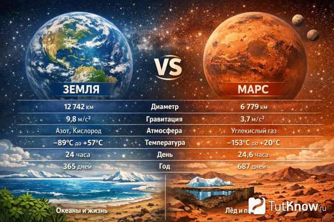 Сравнение Земли и Марса инфографика