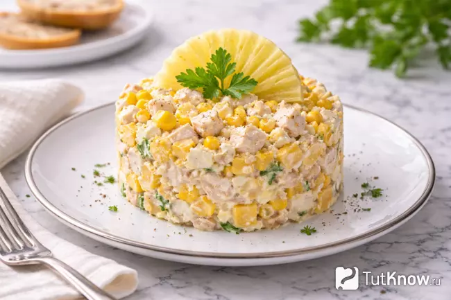 Красивая подача салата с ананасом и курицей в сервировочном кольце