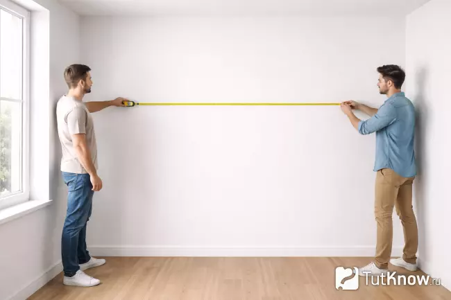 Замер ширины комнаты рулеткой для расчета количества рулонов обоев