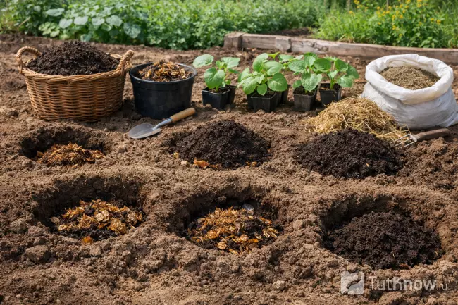 Подготовка тёплых лунок для тыквенных культур
