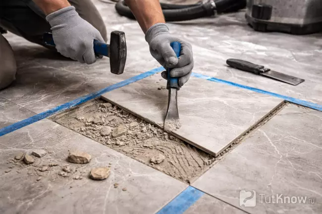 Демонтаж плитки керамогранита зубилом и молотком