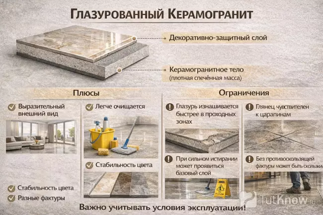 Глазурованный керамогранит — устройство плитки, плюсы и ограничения эксплуатации