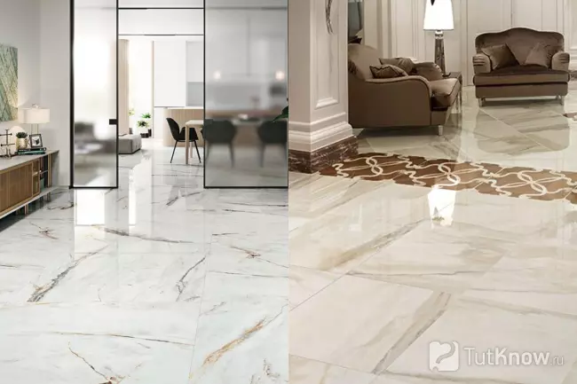 Пол из полированного керамогранита с мраморным рисунком в интерьере квартиры