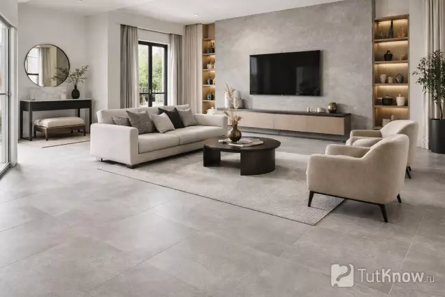 Матовый керамогранит в современной гостиной