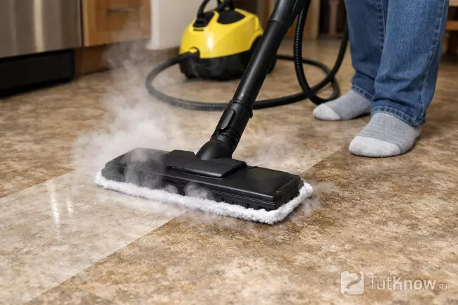 Мойка линолеума пароочистителем на кухне