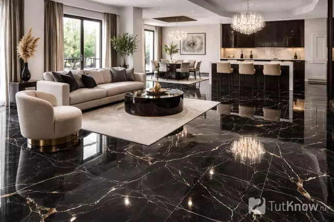 Полированный чёрный керамогранит под мрамор