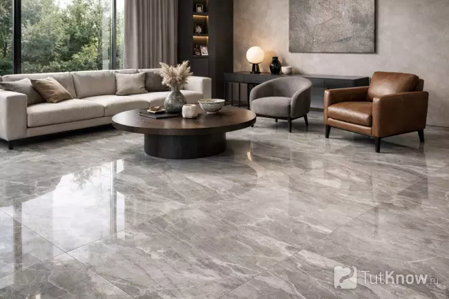 Полированный керамогранитный пол в современной гостиной