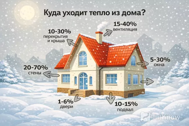 Потери тепла в доме по элементам конструкции