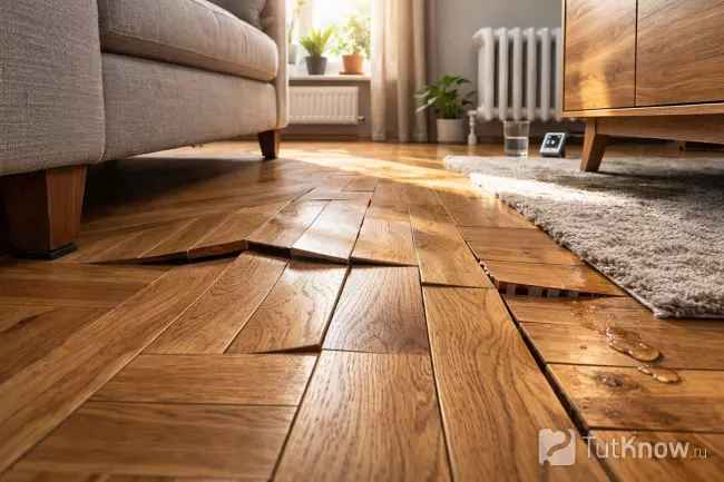 Прогиб паркета из-за повышенной влажности