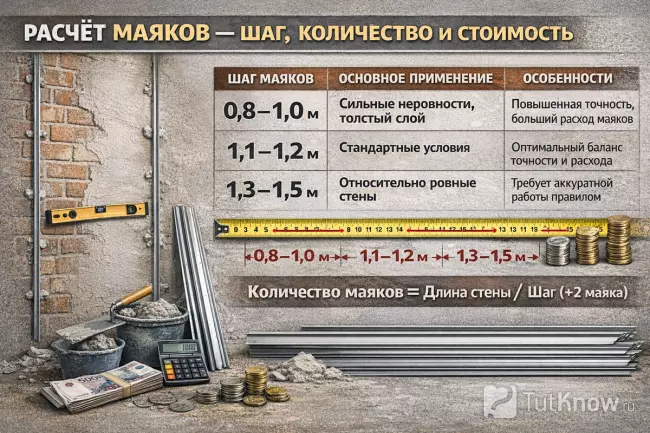 Расчёт маяков для штукатурки стен