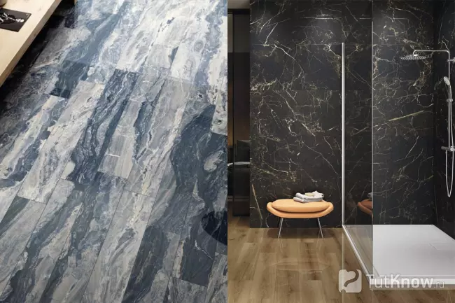 Ректифицированный керамогранит в интерьере ванной на полу и на стенах