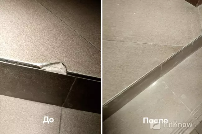 Скол керамогранита на кромке ступени — до и после ремонта