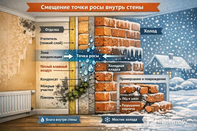 Смещение точки росы внутрь стены