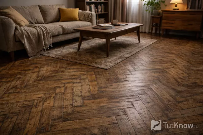 Старый потемневший паркет в жилой комнате