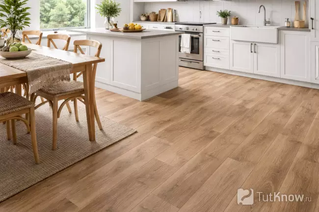 Светлый линолеум под дерево на кухне