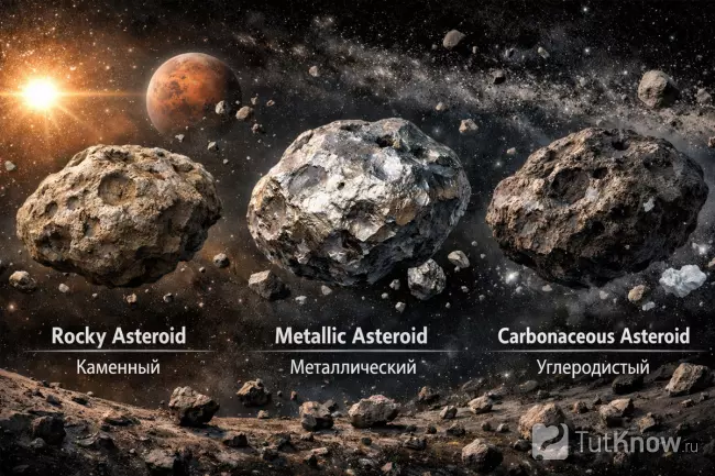 Типы астероидов - каменные, металлические, углеродистые